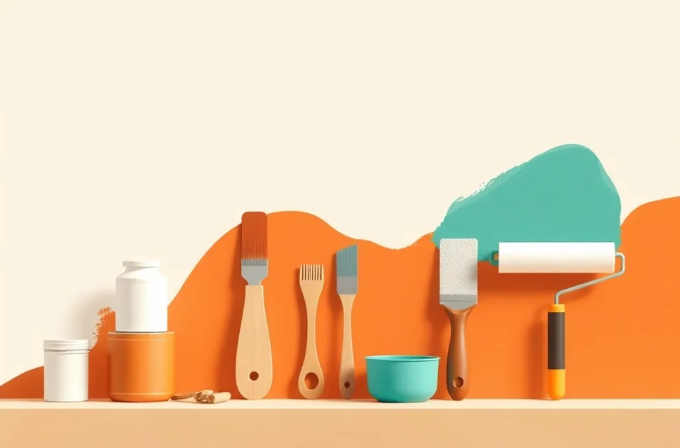 Outils de peinture disposés dans l'ordre des étapes du chantier