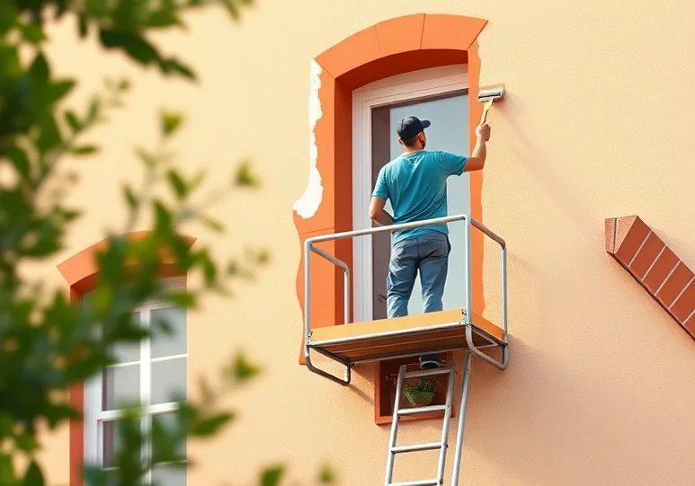 Peintre sur échafaudage traitant la façade d'une maison
