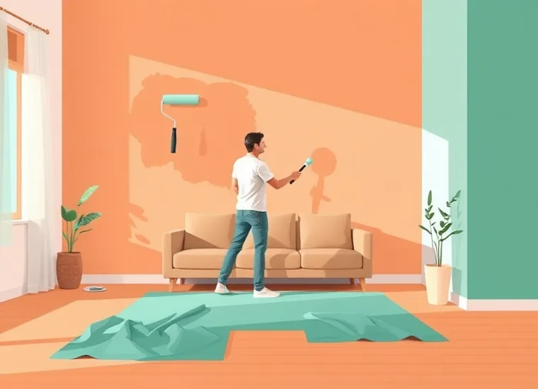 Peintre appliquant la peinture au rouleau sur un mur de salon